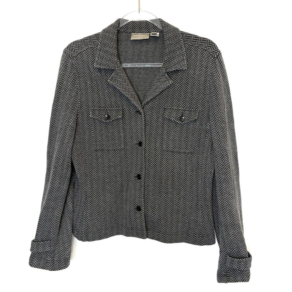 Nordstrom Gray Herringbone Cotton Blend Button Front Knit Jacket Womens Medium